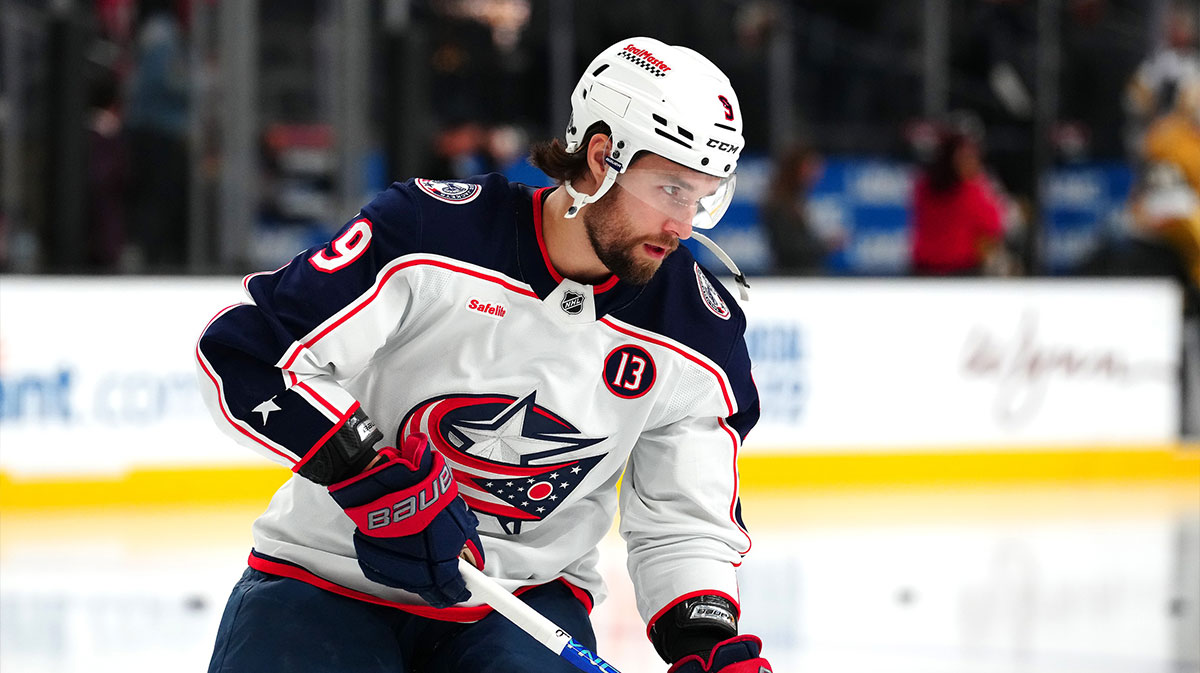 Columbus Blue Jackets defenseman Ivan Provorov (9) warms up before a game against the Vegas Golden Knights at T-Mobile Arena.