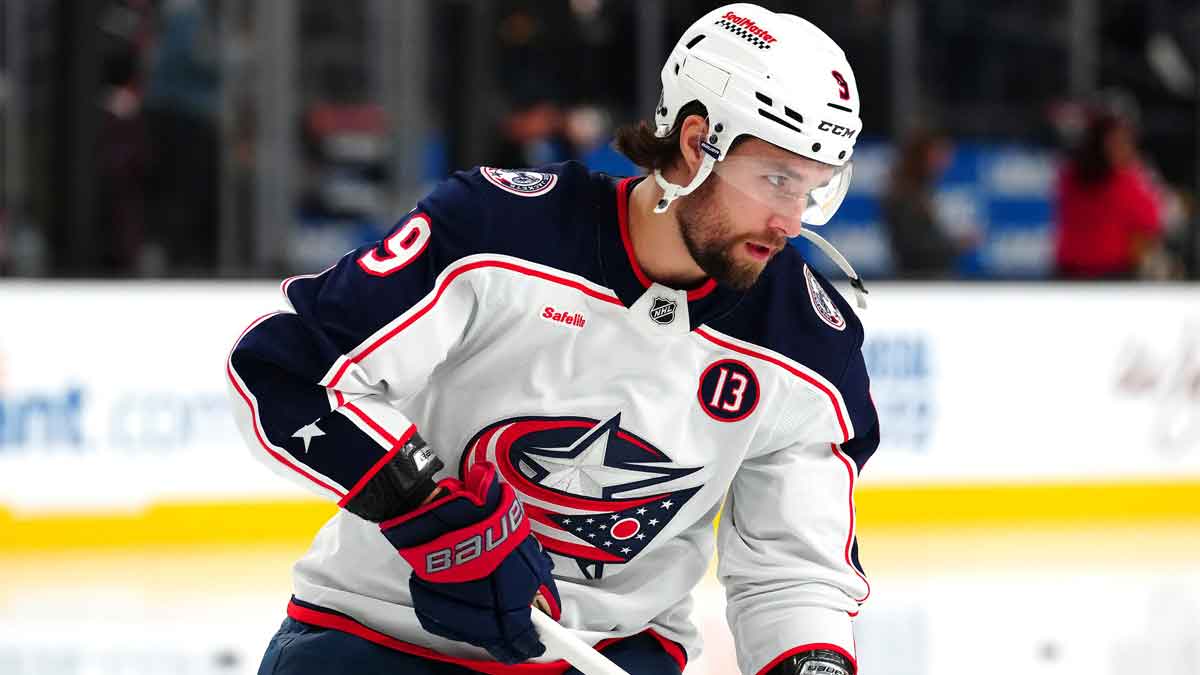 Columbus Blue Jackets defenseman Ivan Provorov (9) warms up before a game against the Vegas Golden Knights at T-Mobile Arena.