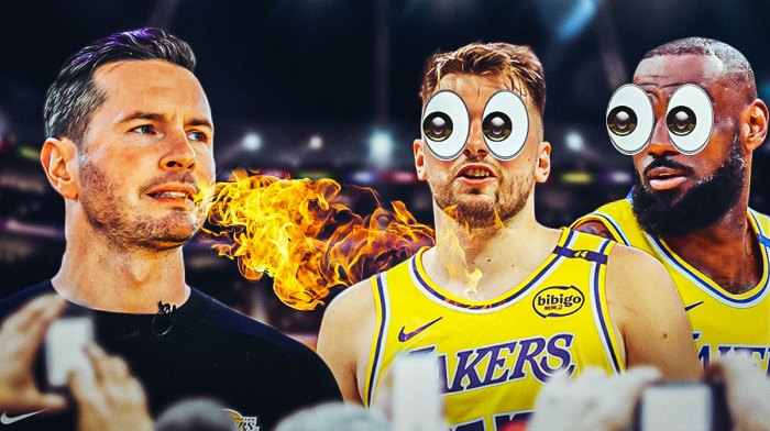 JJ Redick on one side breathing fire, LeBron James and Luka Doncic on the other side with the big eyes emoji over their faces