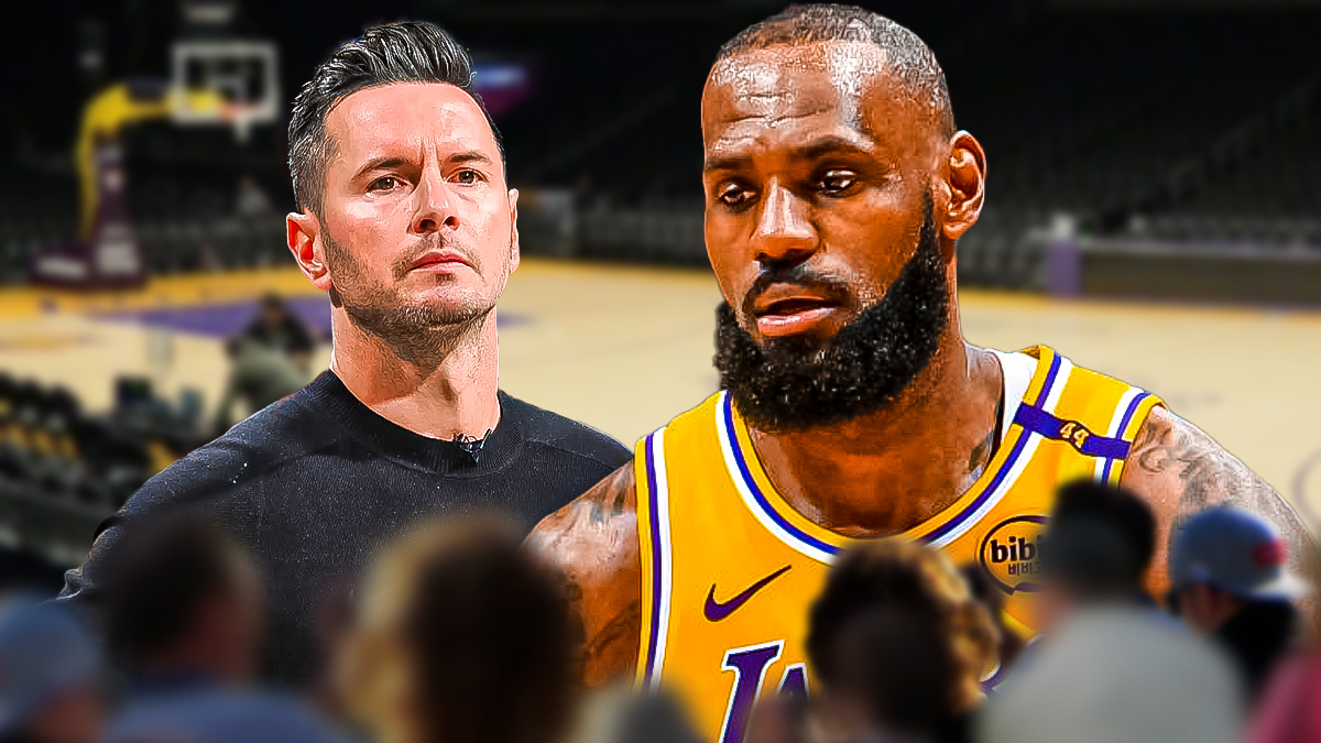 JJ Reddick next to LeBron James on the Lakers court. Defense
