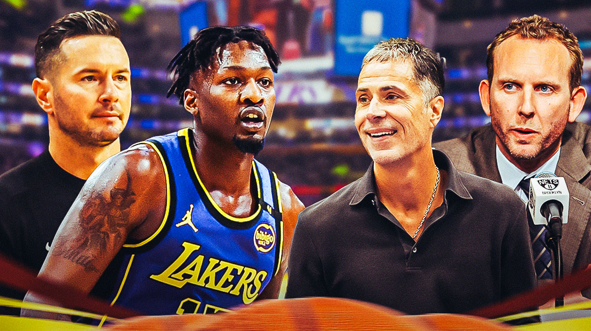 JJ Redick and Dorian Finney-Smith with Sean Marks and Rob Pelinka on either side of them