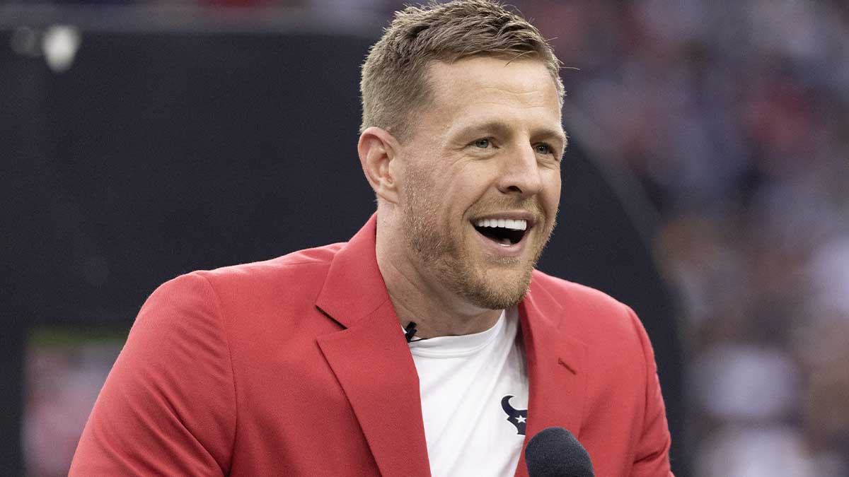 Oct 1, 2023; Houston, Texas, USA; Former Houston Texans JJ Watt speaks to the fans during his Ring Of Honor Ceremony at halftime during the game between the Texans and Pittsburgh Steelers at NRG Stadium.