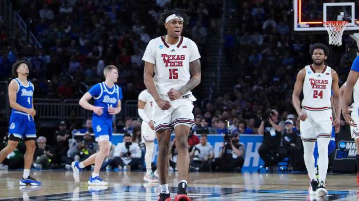 Texas Tech Red Raiders forward JT Toppin (15) reacts after a play against the Drake Bulldogs during the first half at Intrust Bank Arena.