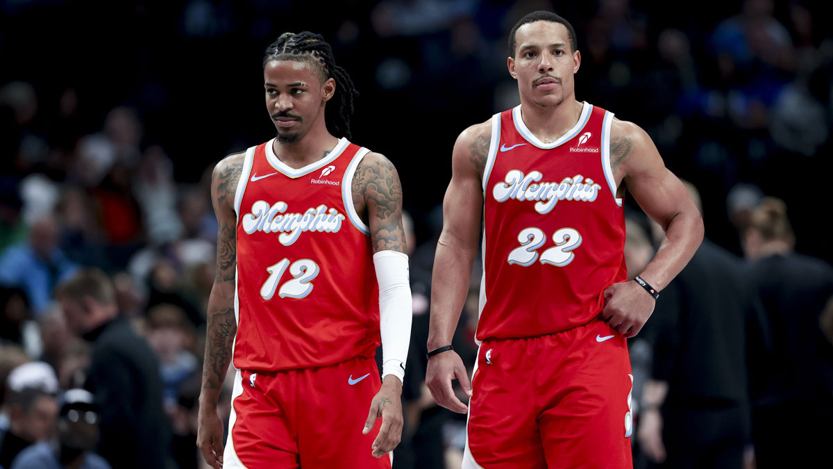 Memphis Grizzlies Guard Ja Morant (12) and Memphis Grizzlies Guard Desmond Bane (22) v. Dallas Mavericks during the second half in the center of American Airlines.