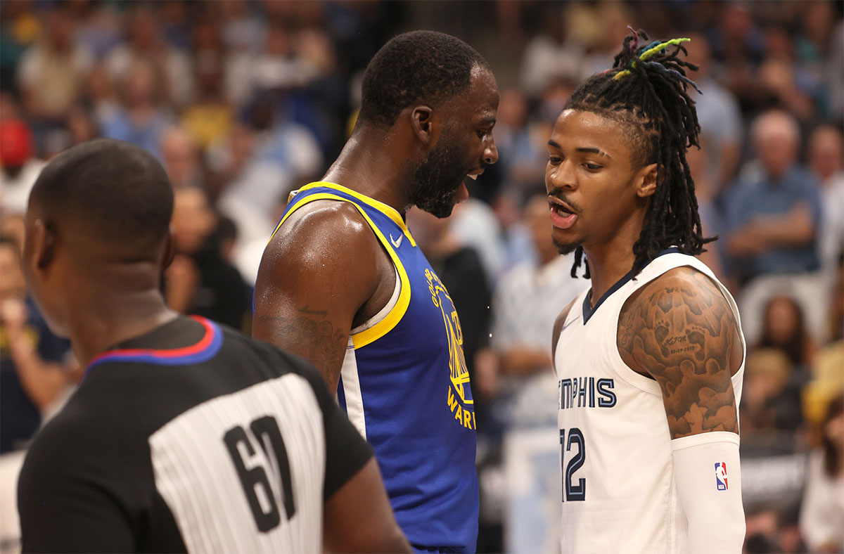 Gold State Warriors Prime Draimond Green (23) and Memphis Grizzlies Guard Ja Morant (12) have words during the game of one of the second round of the playoffs on FedExforum in FedExforum.