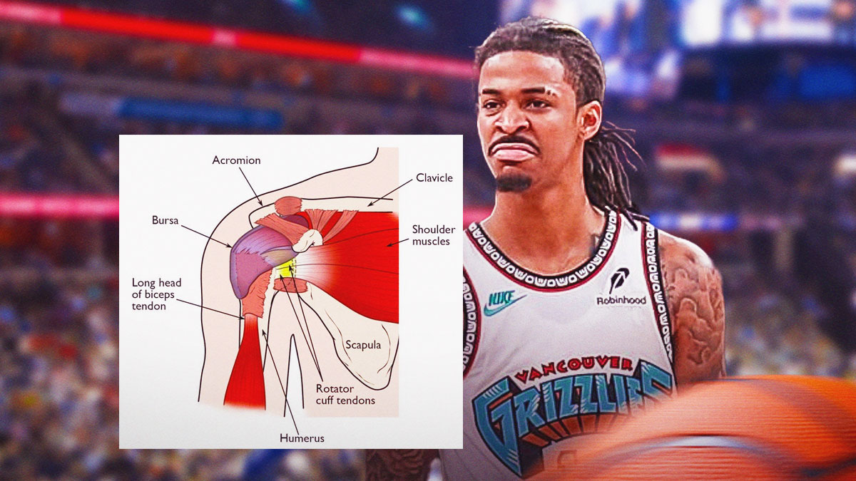 Grizzlies' Ja Morant looking angry, with diagram of shoulder injury beside him