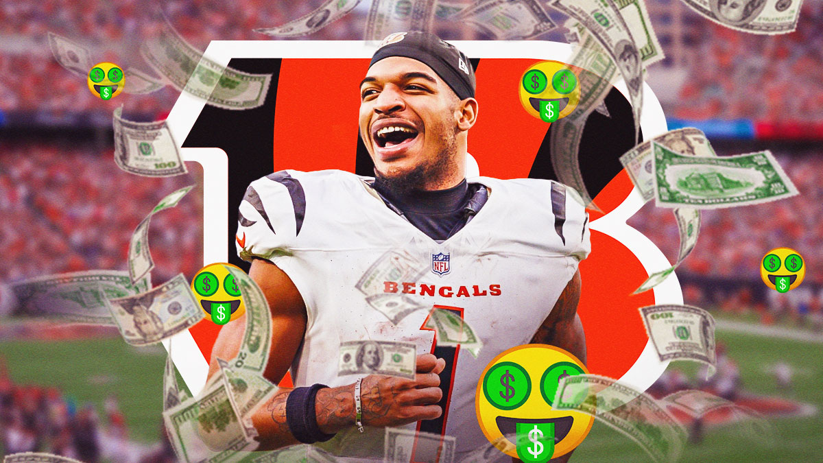 Bengals logo behind WR Ja'Marr Chase smiling wide with money falling from the sky indicating a massive contract extension. Multiple 🤑 emojis in background. Background is Paycor Stadium.