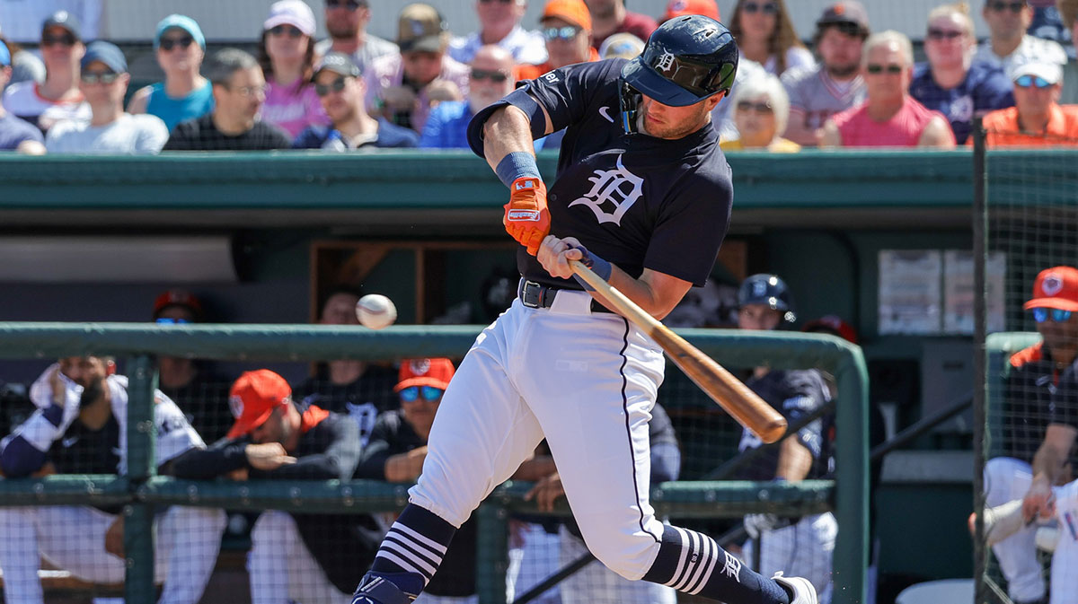 Detroit Tigers third baseman Jace Jung (17) bats during the second inning against the Toronto Blue Jays at Publix Field at Joker Marchant Stadium.