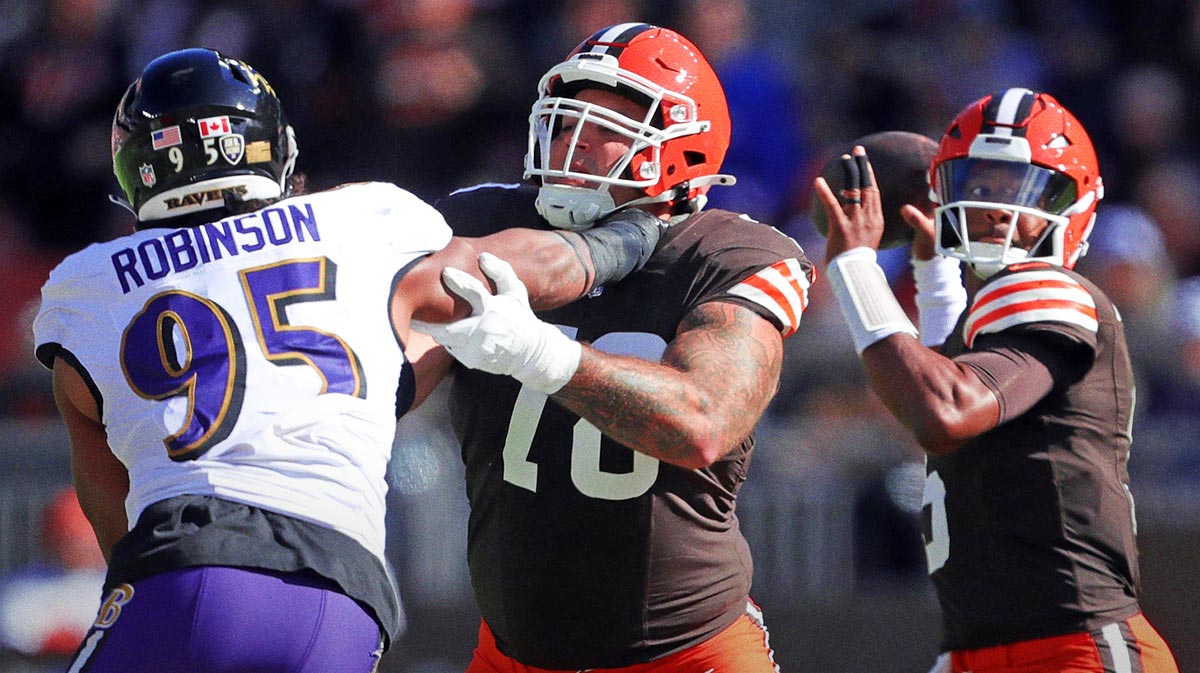 Cleveland Browns offensive tackle Jack Conklin (78) blocks Baltimore Ravens linebacker Tavius Robinson (95) for quarterback Jameis Winston (5) during the first half of an NFL football game at Huntington Bank Field, Sunday, Oct. 27, 2024, in Cleveland, Ohio.