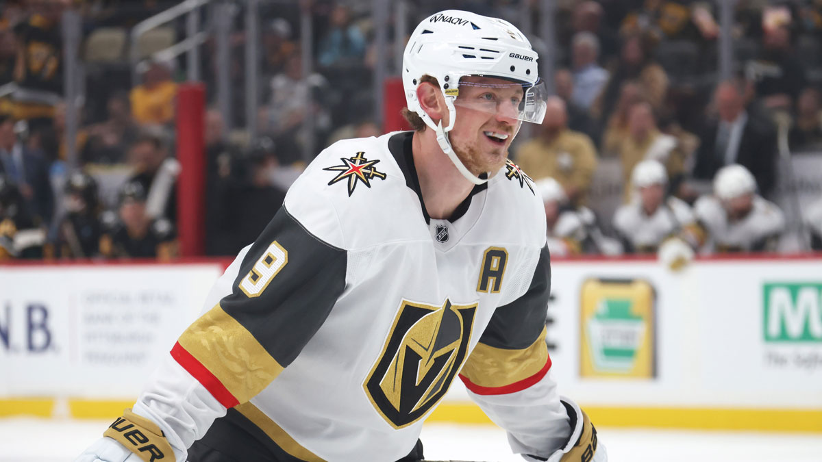 Vegas Golden Knights center Jack Eichel (9) reacts before a face-off against the Pittsburgh Penguins during the second period at PPG Paints Arena