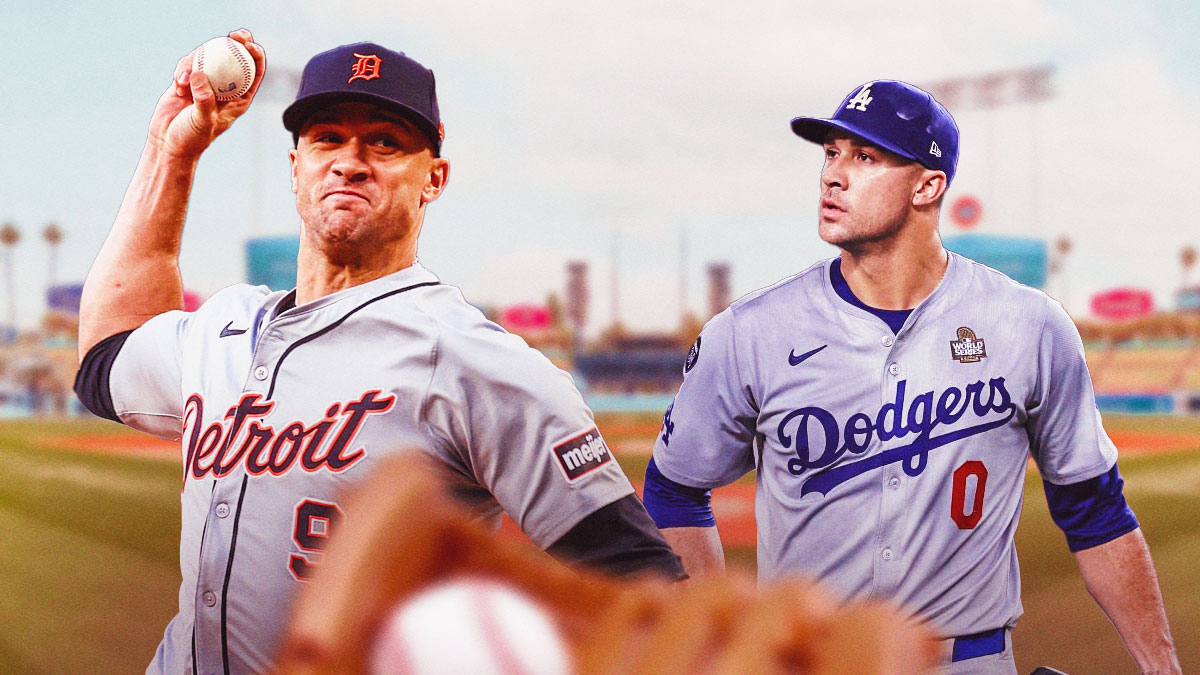 Jack Flaherty in his Dodgers uniform next to Jack Flaherty in his Tigers uniform with the Dodgers stadium as the background.