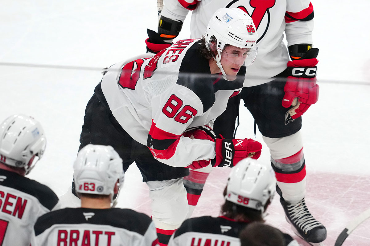 New Jersey Devils center Jack Hughes (86) makes his way off the ice after sustaining an apparent injury during a play against the Vegas Golden Knights during the third period at T-Mobile Arena