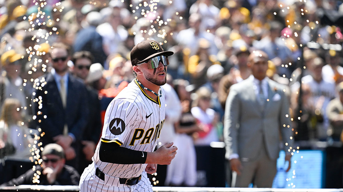 San Diego Padres center fielder Jackson Merrill (3) comes onto the field before an Opening Day baseball game against the Atlanta Braves at Petco Park.