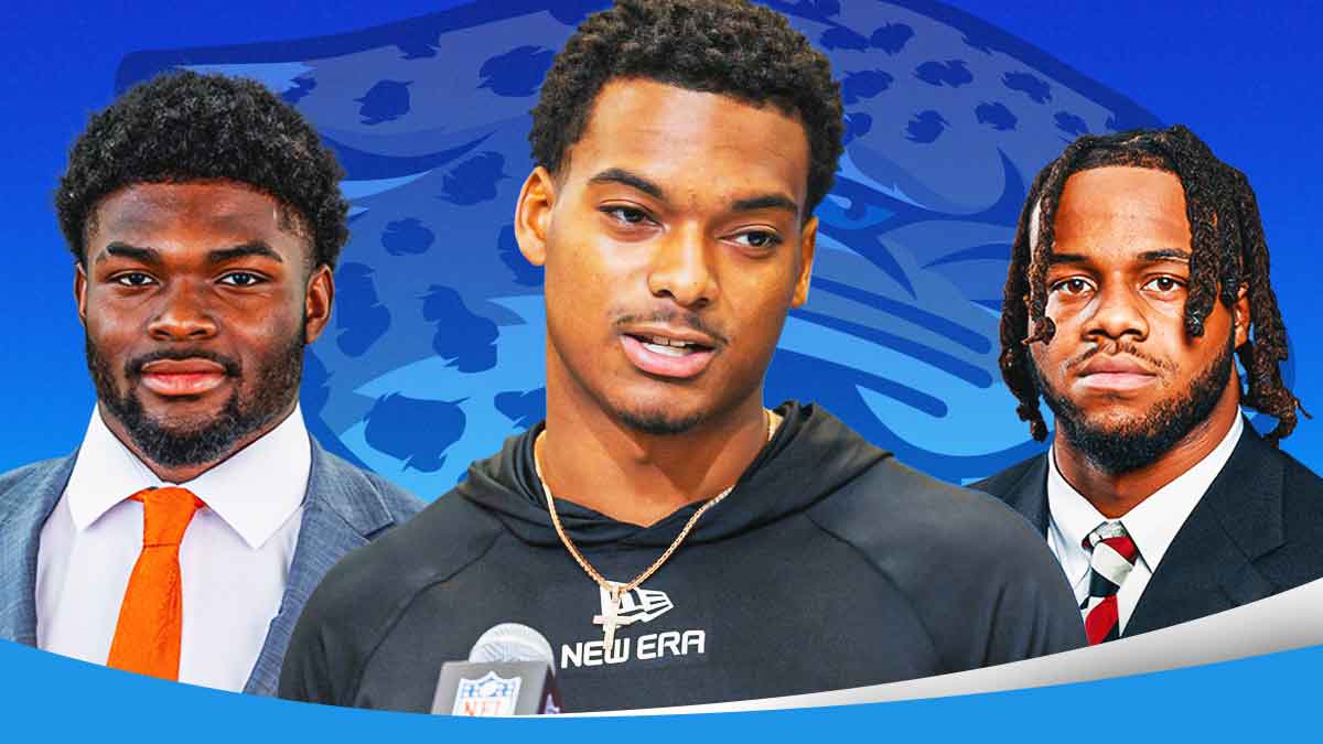 Will Johnson, Harold Fannin Jr, TJ Sanders beside each other, Jacksonville Jaguars wallpaper in the background