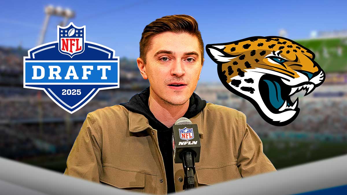 Jaguars James Gladstone with 2025 NFL Draft and Jacksonville Jaguars logo in background