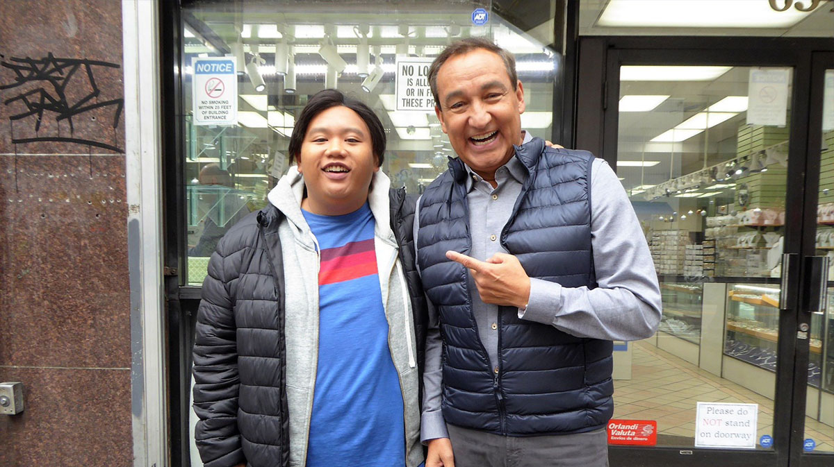 Jacob Batalon with United Airlines CEO Oscar Munoz after filming a Spider-Man promo video.