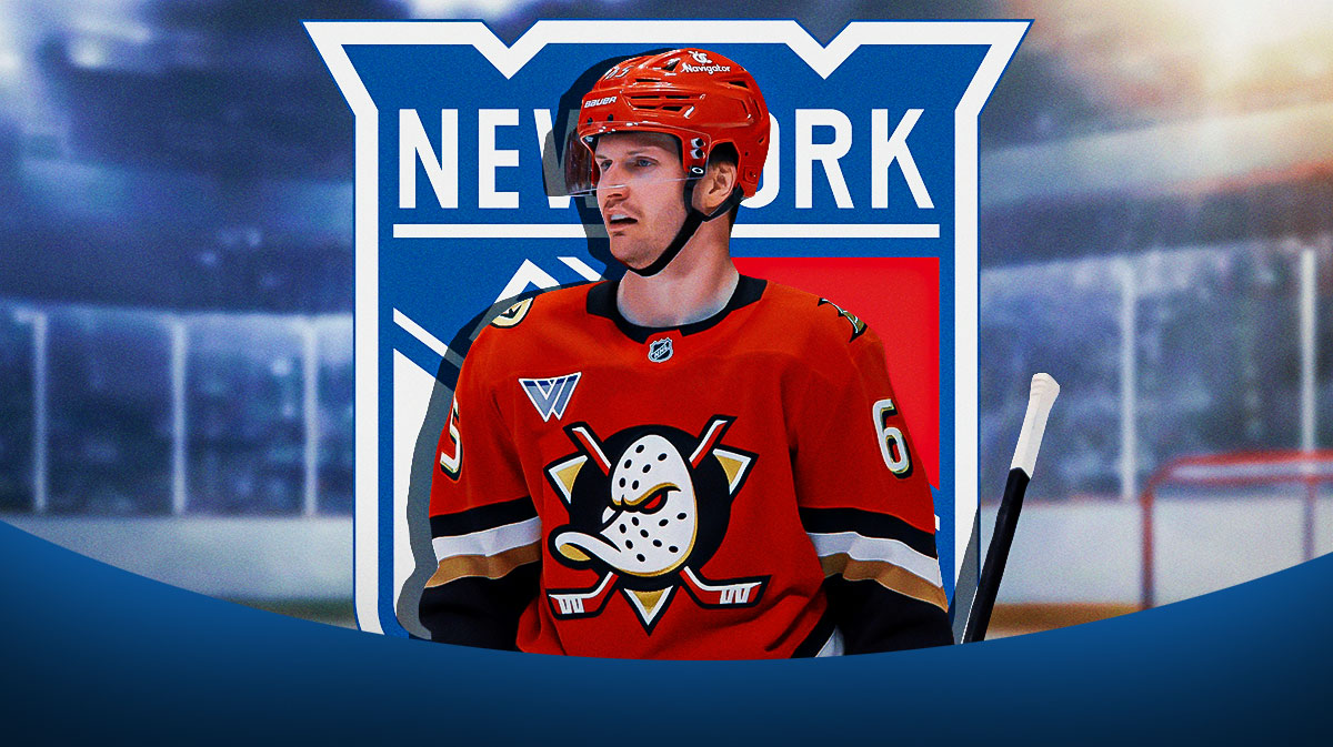 Jacob Trouba with Ducks. NY Rangers logo next to him