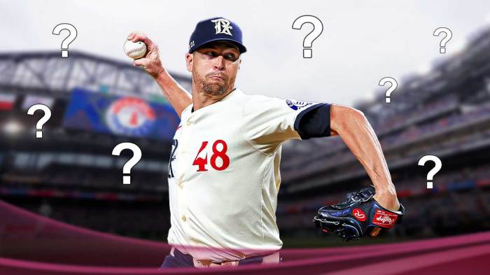 Jacob deGrom pitching in a Texas Rangers uniform with question marks around as degrom looks to avoid injury pitching for the rangers this season.