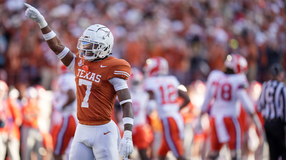 Texas Longhorns defensive back Jahdae Barron celebrates a turnover against Clemson Tigers in thein the first round of the NCAA College Football Playoffs on Dec. 21, 2024, at Darrell K Royal Texas Memorial Stadium in Austin, Texas.