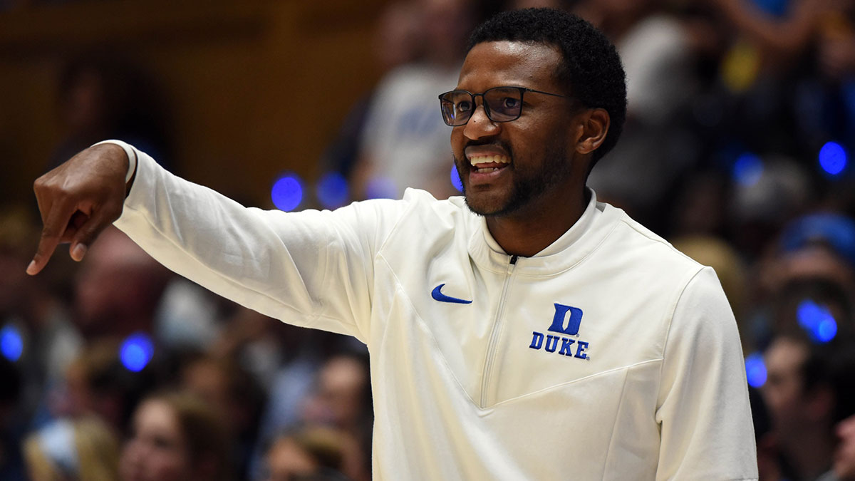 Duke Blue Devils assistant coach Jai Lucas during Countdown to Craziness at Cameron Indoor Stadium.