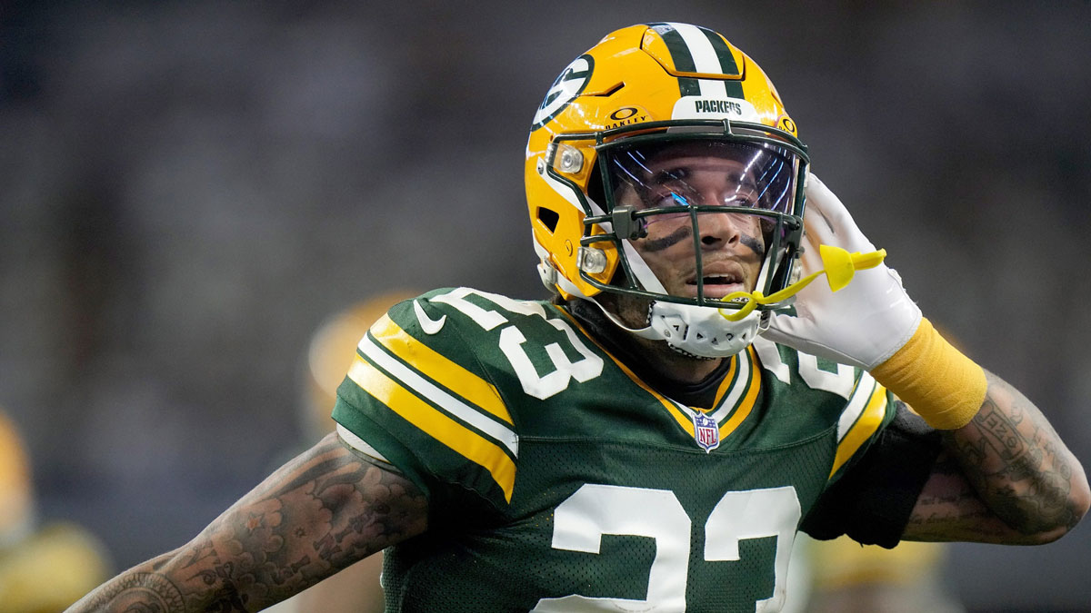 Green Bay Packers cornerback Jaire Alexander (23) reacts after intercepting a pass during the first quarter of the wild card playoff game against the Dallas Cowboys Sunday, January 14, 2024 at AT&T Stadium in Arlington, Texas.