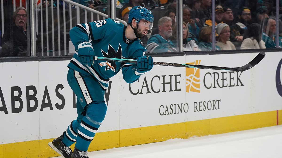 San Jose Sharks defenseman Jake Walman (96) makes a pass during the first period against the Pittsburgh Penguins at SAP Center at San Jose.