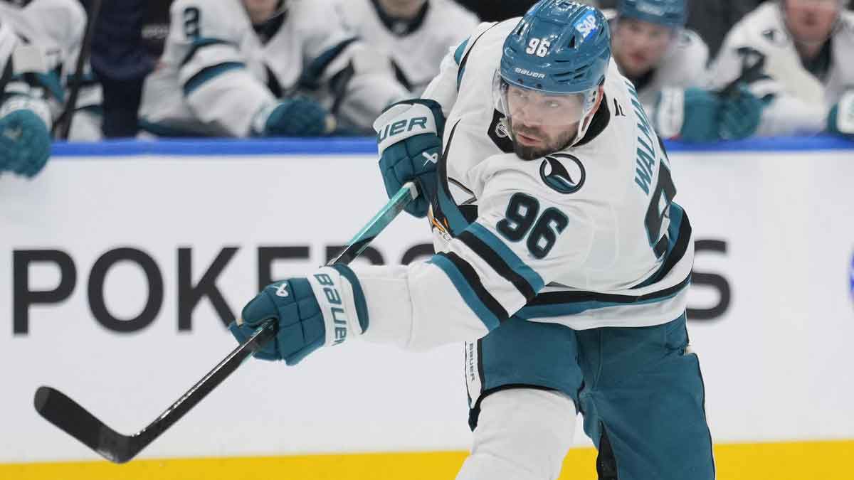 San Jose Sharks defenseman Jake Walman (96) shoots the puck against the Toronto Maple Leafs during the second period at Scotiabank Arena.