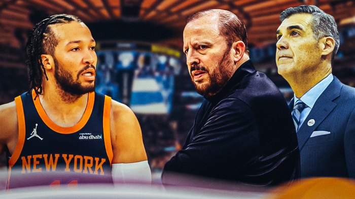 Jalen Brunson in a Knicks uniform. Tom Thibodeau, Jay Wright next to him.