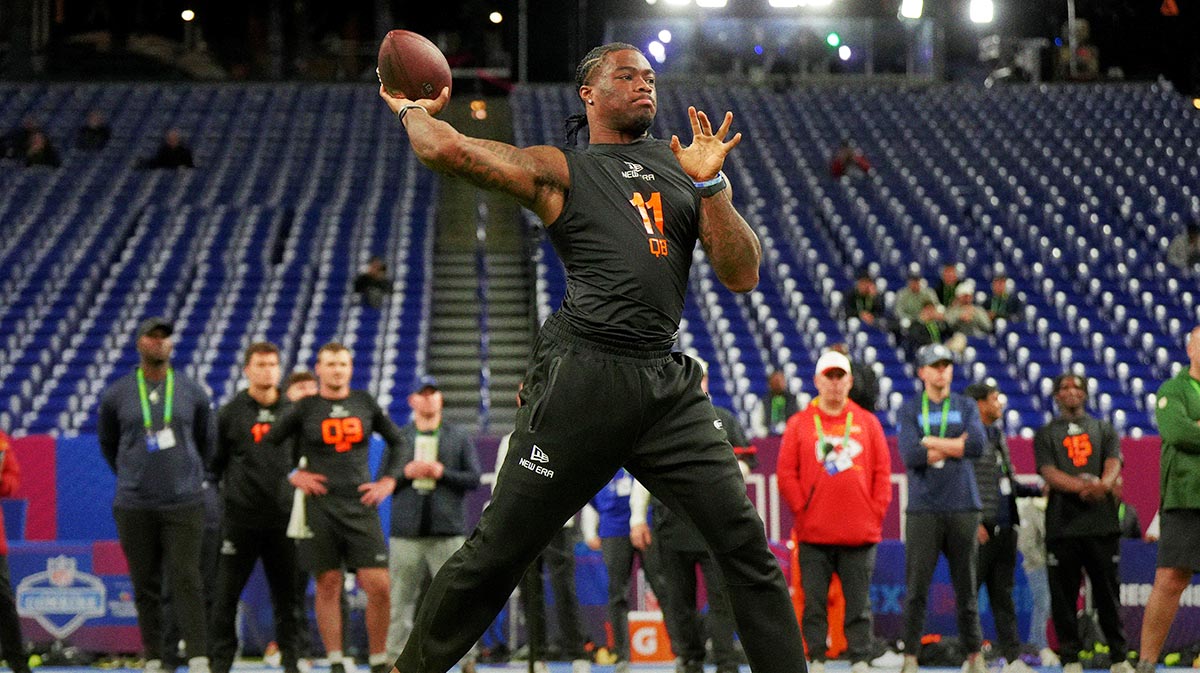 Alabama quarterback Jalen Milroe (QB11) during the 2025 NFL Combine at Lucas Oil Stadium.