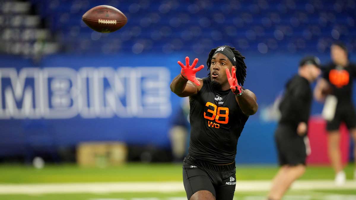 1. March 2025; Indianapolis, in the USA; Utah State Videut Jalen Royals (VO38) During 2025 NFL combine at Lucas Oil Stadium.