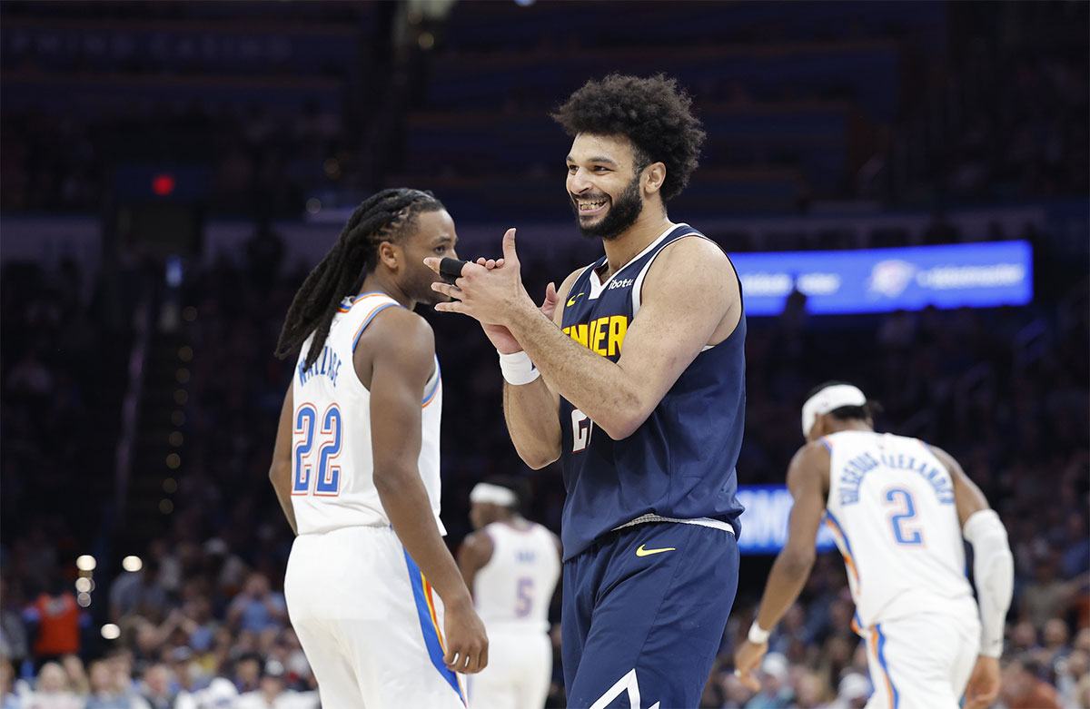 Denver Nuggets guard Jamal Murray (27) reacts after a play against the Oklahoma City Thunder during the second half at Paycom Center.