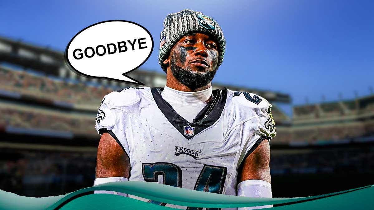 James Bradberry with a text bubble reading "Goodbye" on the Eagles field.