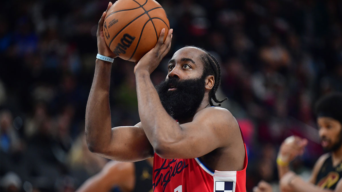 Los Angeles Clippers guard James Harden (1) shoots a free throw against the Cleveland Cavaliers during the second half at Intuit Dome.