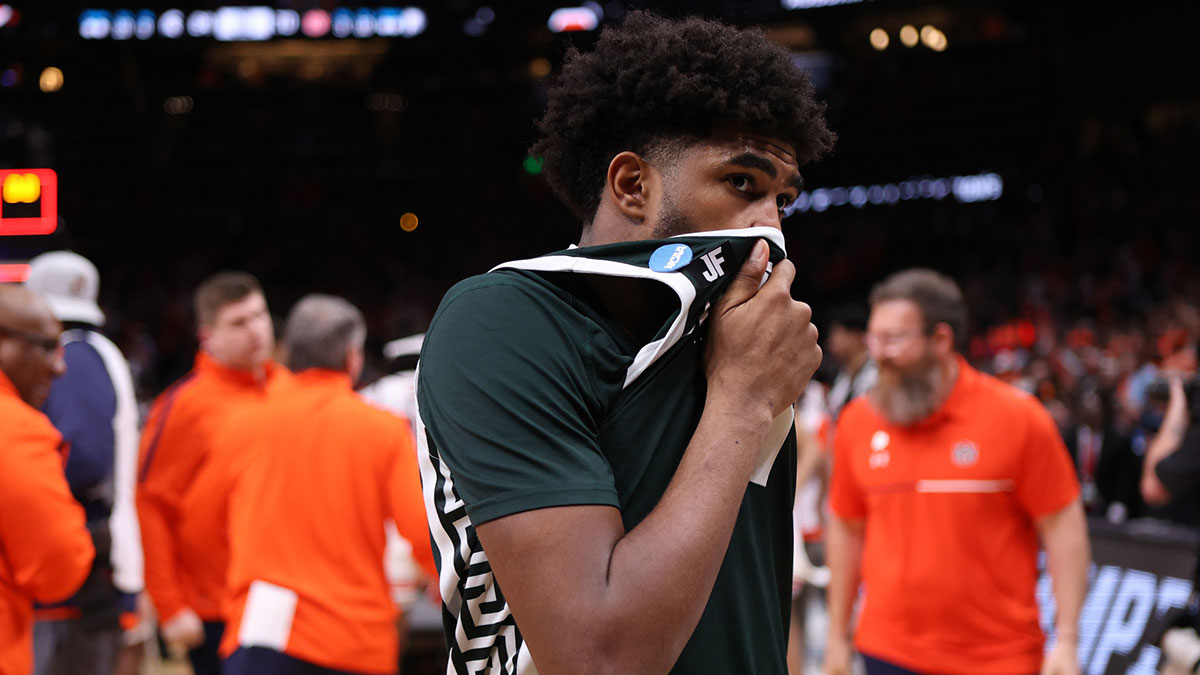 Michigan State Spartans guard Jase Richardson (11) leaves the court after losing the South Regional final of the 2025 NCAA tournament against the Auburn Tigers Spartans at State Farm Arena. Mandatory Credit: Brett Davis-Imagn Images