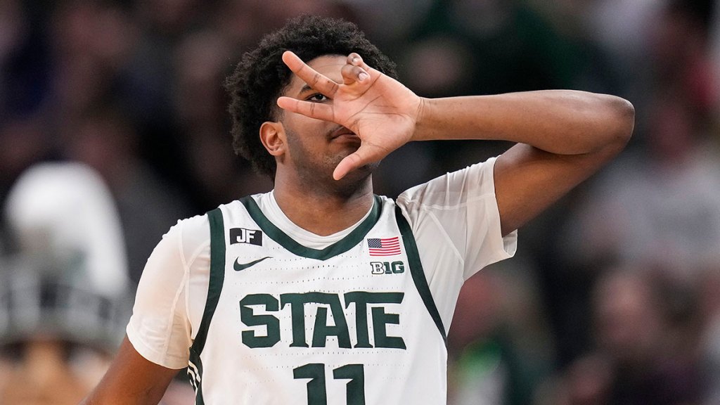 Michigan State Spartans guard Jase Richardson (11) reacts to a three point basket Friday, March 14, 2025, during the third round of the men's Big Ten tournament at Gainbridge Fieldhouse in Indianapolis.