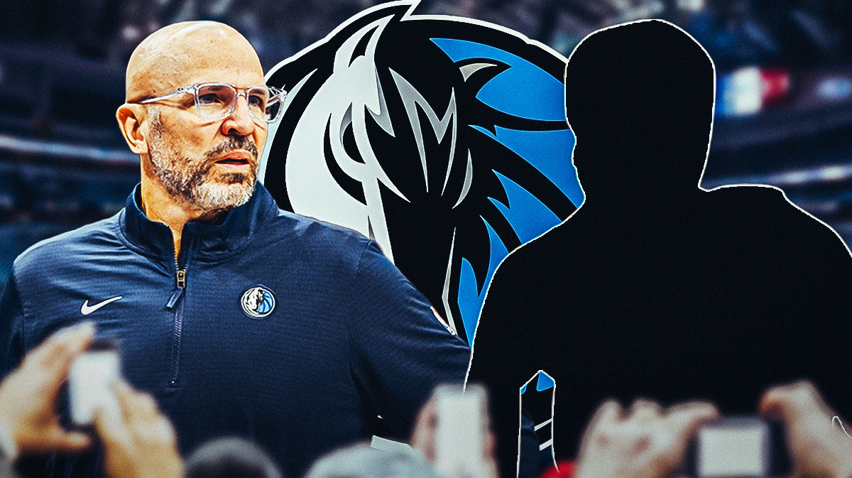 Jason Kidd and Maverick guard standing next to one another and a background of the Mavericks logo.
