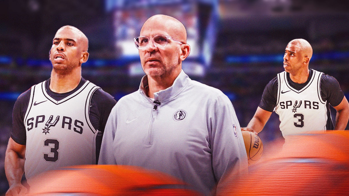 Mavericks Jason Kidd, Spurs Chris Paul both looking serious. In background, have Spurs Chris Paul dribbling a basketball.