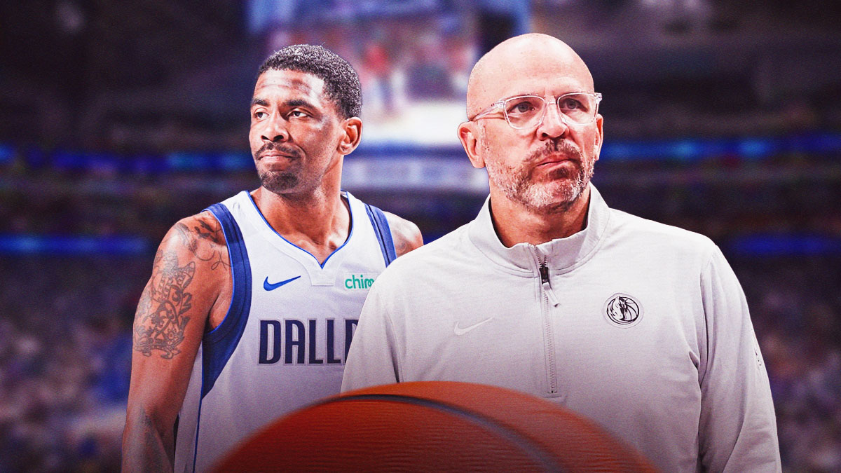 Mavericks Jason Kidd and Mavericks Kyrie Irving both looking serious at the American Airlines Center.