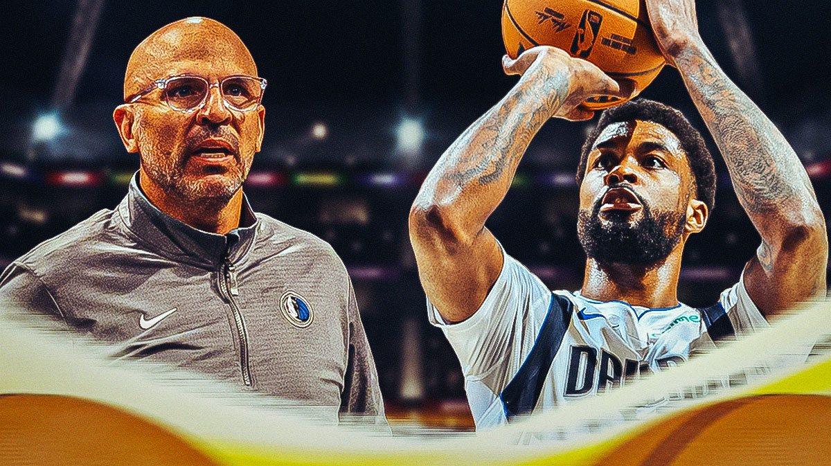 Mavericks Jason Kidd on left, Mavericks Naji Marshall shooting a basketball on right.