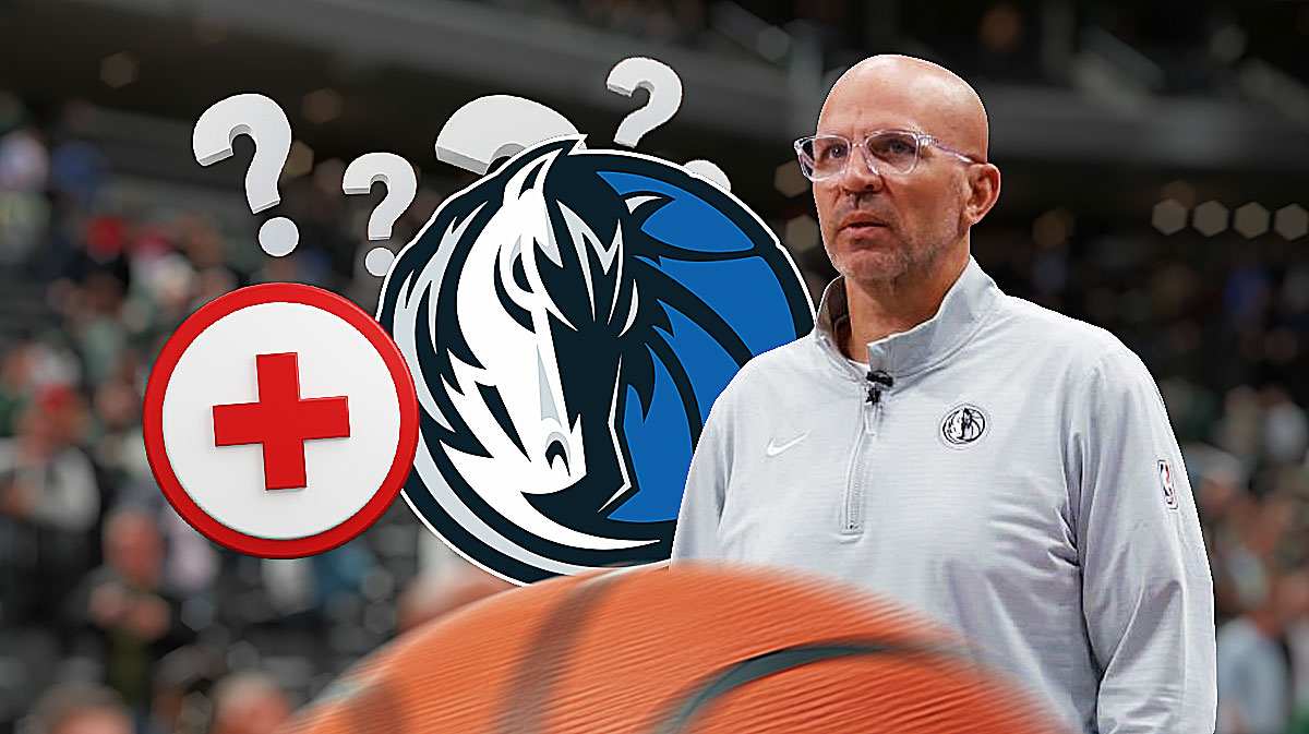 Mavericks head coach Jason Kidd, with question marks and first-aid kits around the Mavericks logo.