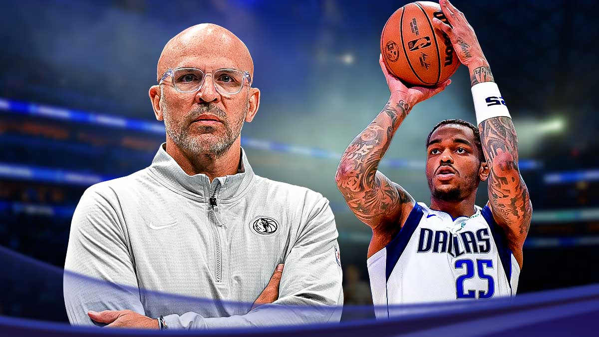 Mavericks Jason Kidd looking serious, Mavericks PJ Washington shooting a basketball.