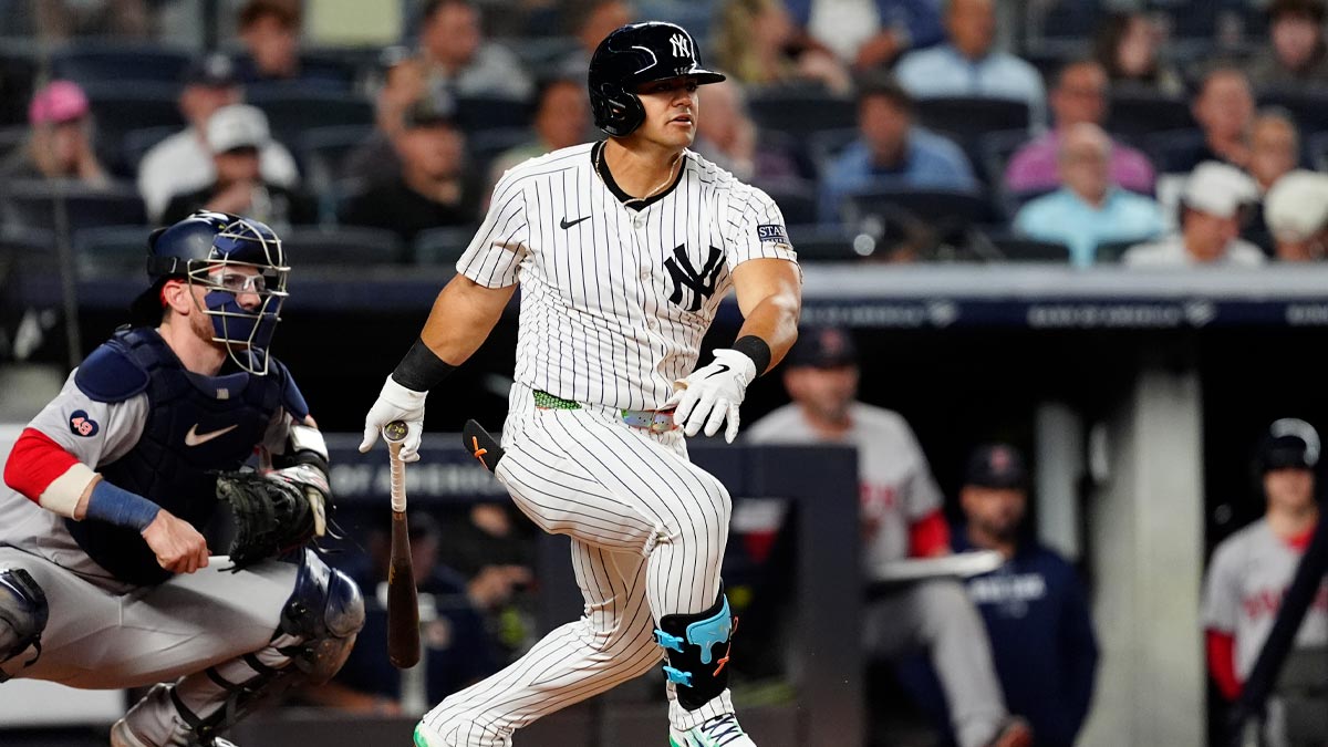 Sep 12, 2024; Bronx, New York, USA; New York Yankees left fielder Jasson Dominguez (89) hits a single against the Boston Red Sox during the second inning at Yankee Stadium.