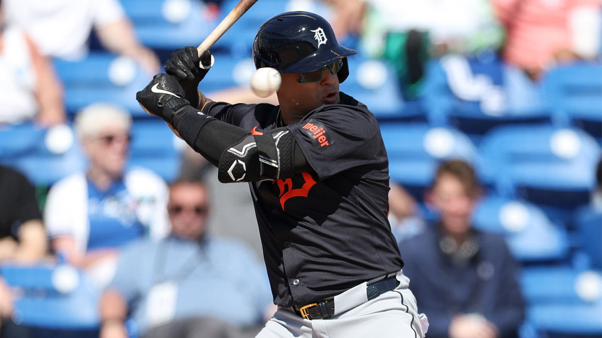 Detroit Tigers shortstop Javier Baez (28) takes a ball high and inside against the Toronto Blue Jays in the third inning during spring training at TD Ballpark.