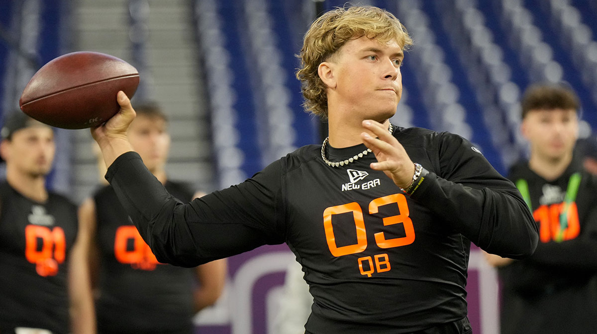 Mississippi quarterback Jaxson Dart (QB03) during the 2025 NFL Combine at Lucas Oil Stadium.