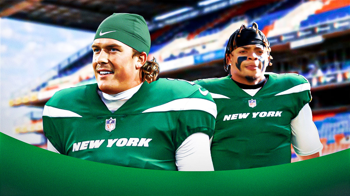 Jaxson Dart in a New York Jets jersey, with Justin Fields standing next to him, also in a Jets jersey.