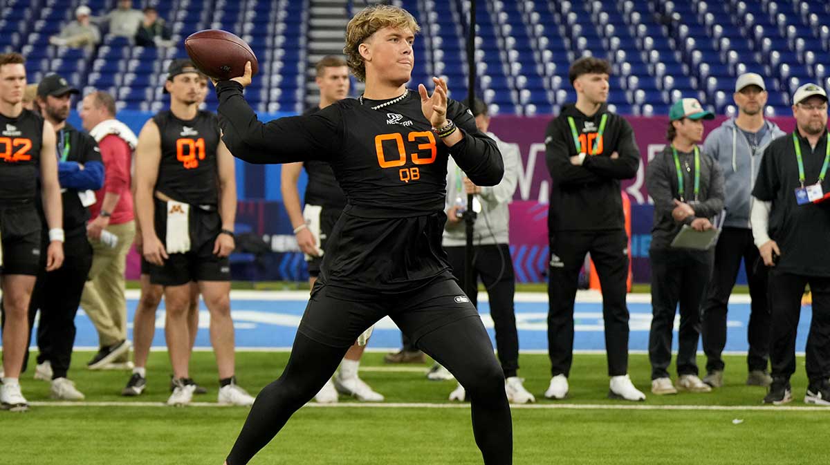 Mississippi quarterback Jaxson Dart (QB03) during the 2025 NFL Combine at Lucas Oil Stadium.