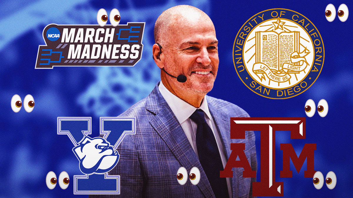 Jay Bilas, UC-San Diego and Michigan logos, Yale and Texas A&M logos, NCAA Tournament logo, eyes symbols