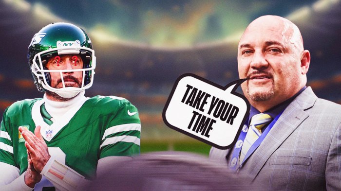 Aaron Rodgers with question marks in his eyes and Jay Glazer with a thought bubble that reads: Take Your Time as Rodgers has weighed his free agency decision this offseason.
