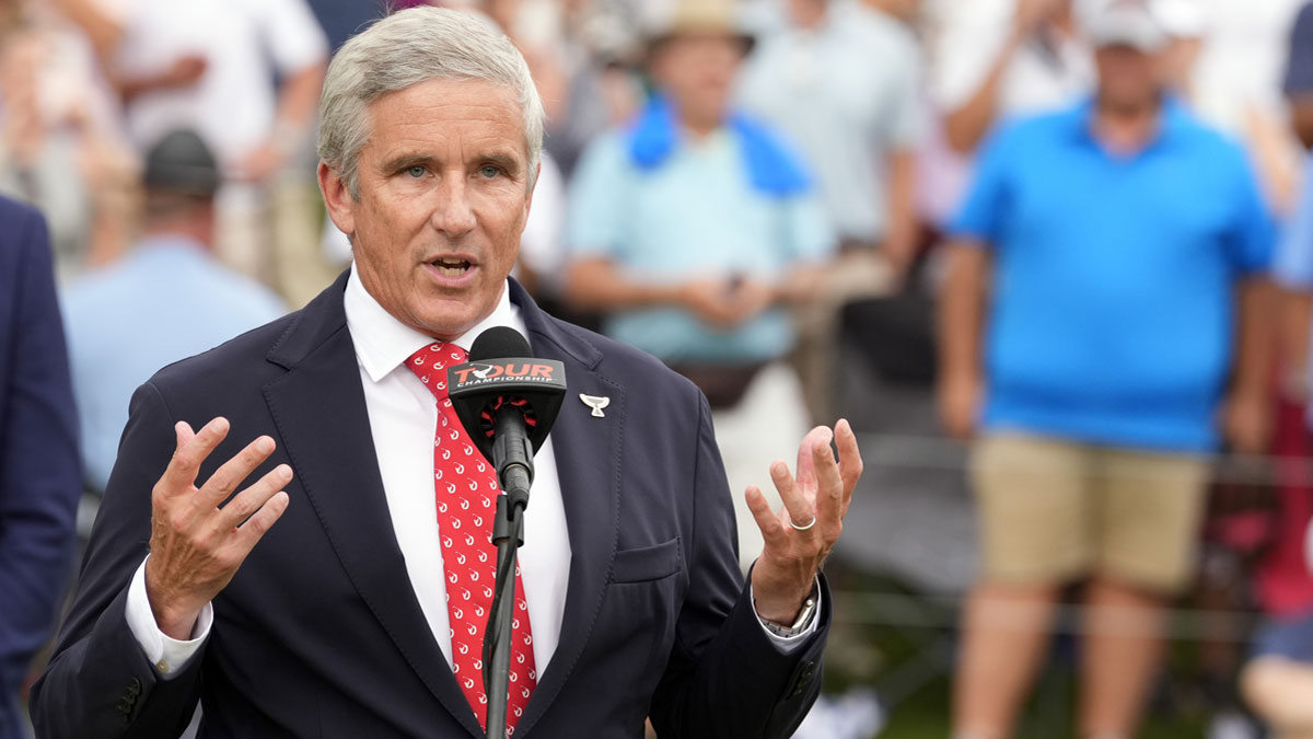 Atlanta, Georgia, USA; PGA TOUR Commissioner Jay Monahan addresses the gallery gathered on the 18th green after the final round of the TOUR Championship golf tournament.