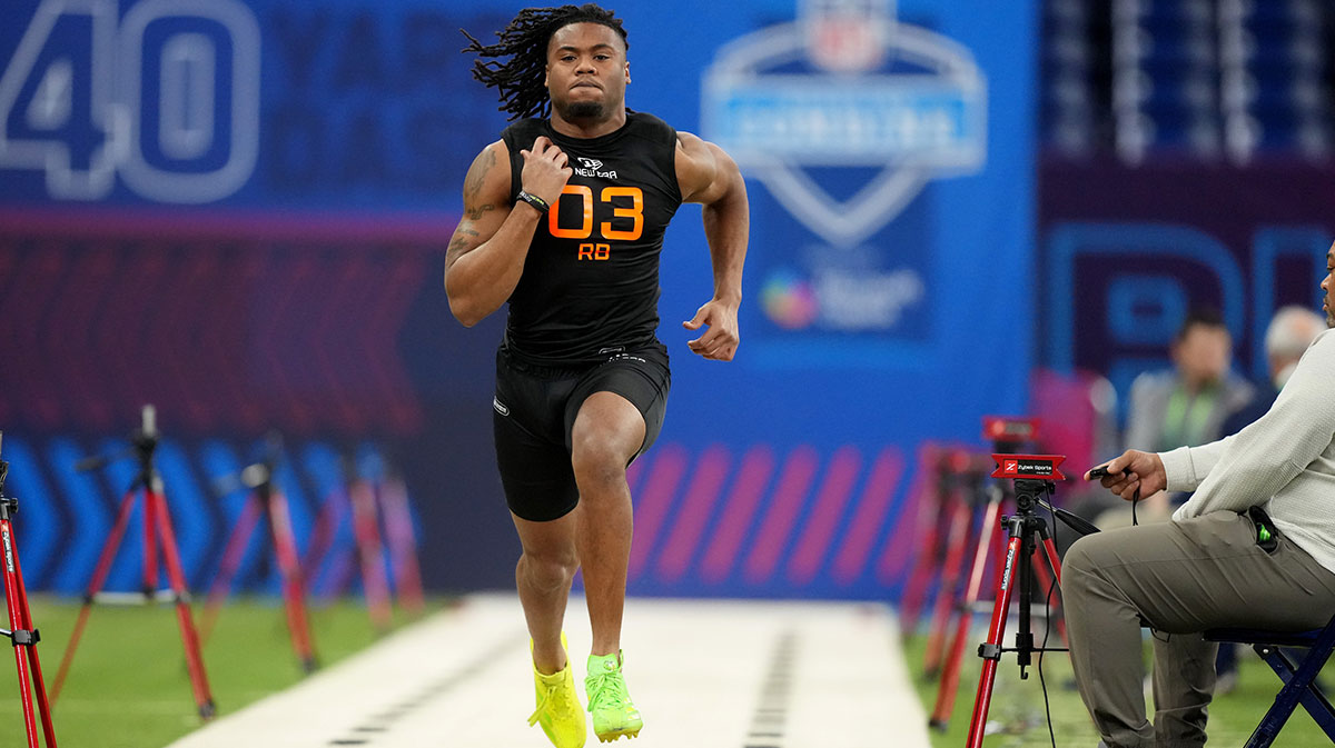 Texas running back Jaydon Blue (RB03) during the 2025 NFL Combine at Lucas Oil Stadium.